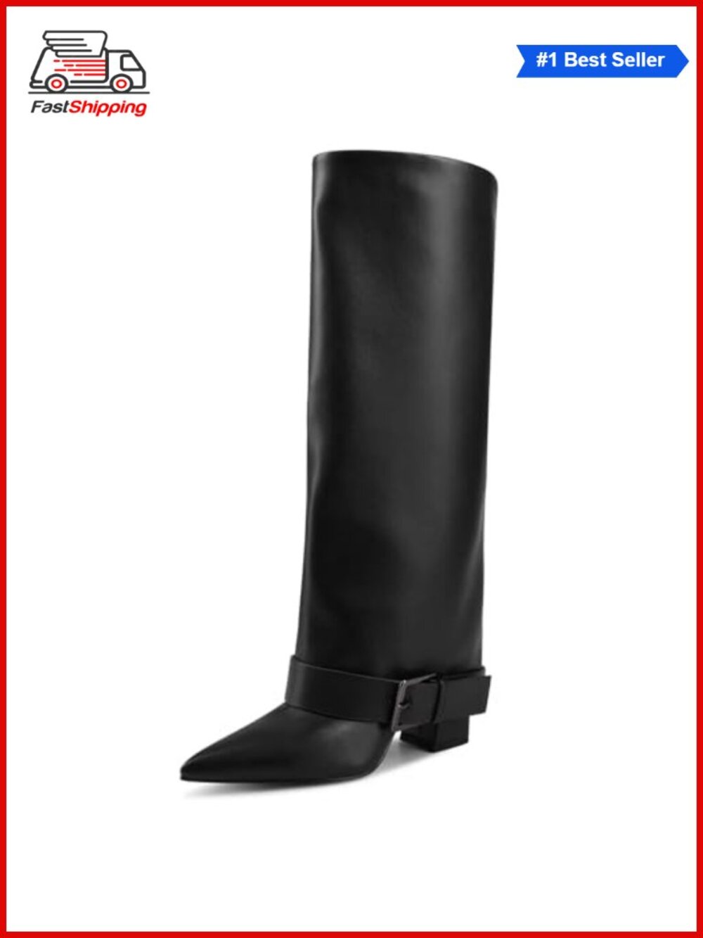 ✨ Knee High Boots Women Fold Over Chunky Heel Wide Calf Pointed Toe Belt Buckle